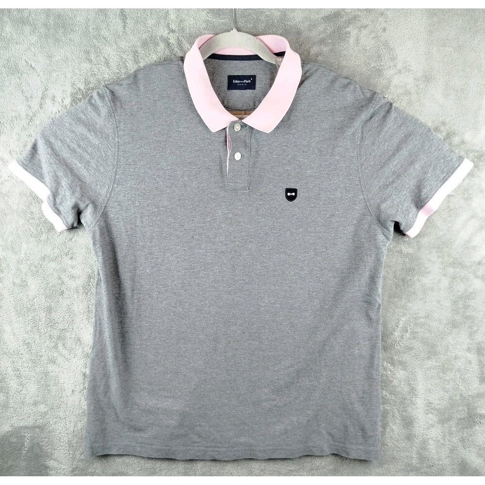 Eden Park Paris Gray Pink Trim Polo Shirt Mens XL Rugby Short‎ Sleeve DN2596